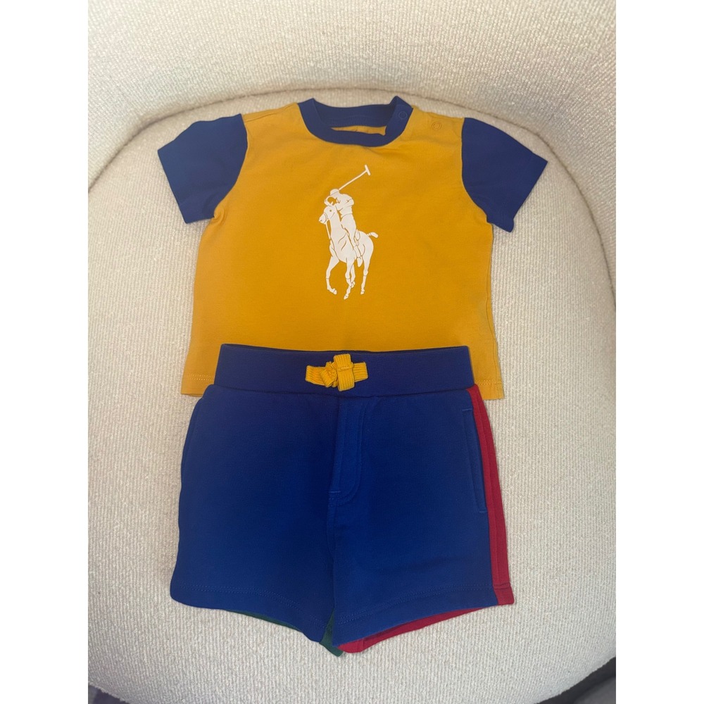 Ralph Lauren Baby Boys Big Pony Colorblock T-Shirt and Shorts Set 3M Yellow Blue